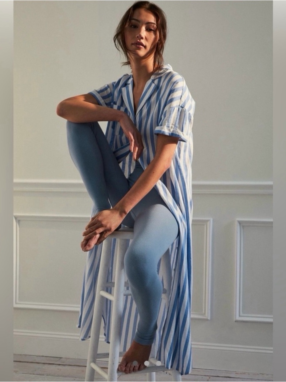 Anthropologie Light Blue & White Striped Button-Front Maxi Shirt Dress - size XL